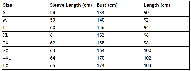 Size chart for the merkabah cloak