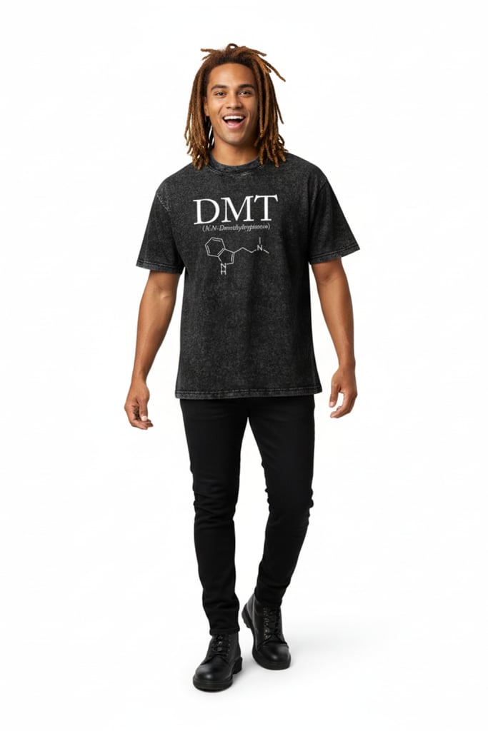 DMT Molecule T-Shirt - front view on black acid wash | Ravers Co