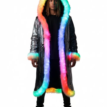 Liquid Sequin Fur Coat - front view with RGB LEDs glowing | Ravers Co