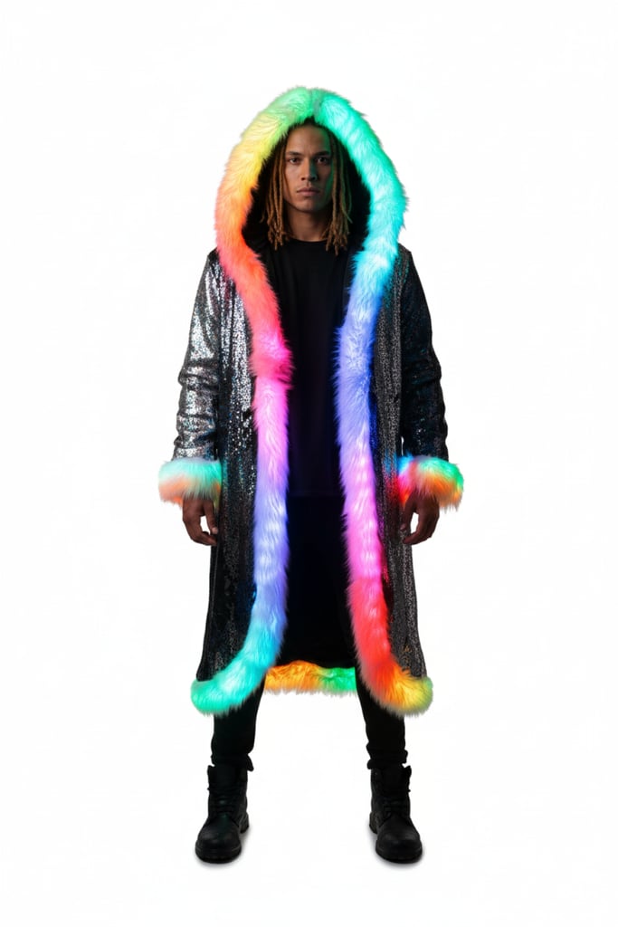 Liquid Sequin Fur Coat - front view with RGB LEDs glowing | Ravers Co