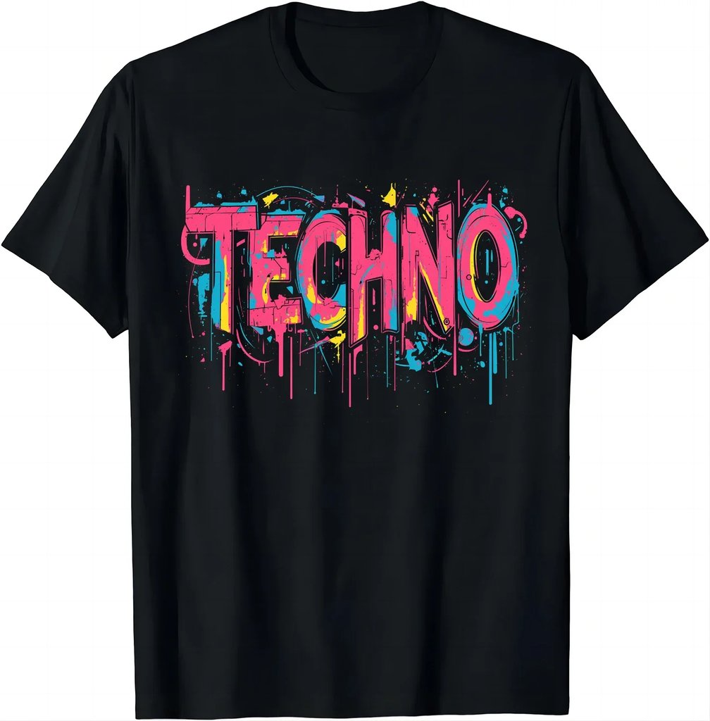 Techno Glitch Trippy T-Shirt - front view on black cotton fabric | Ravers Co