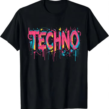 Techno Glitch Trippy T-Shirt - front view on black cotton fabric | Ravers Co