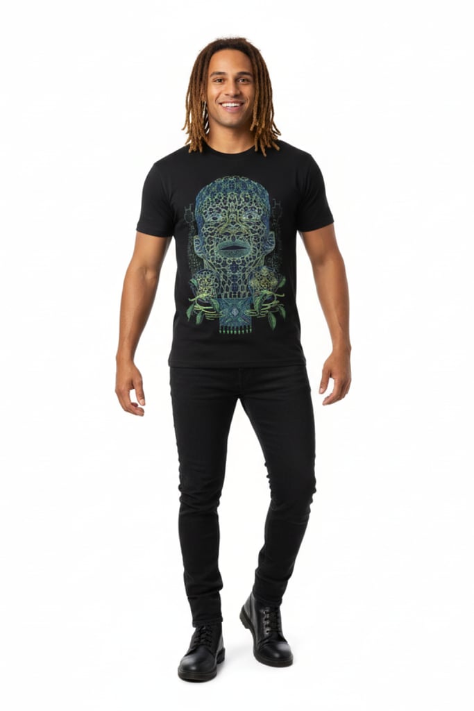 UV Active Shaman T-Shirt in black - front view with intricate shaman graphic | Ravers Co