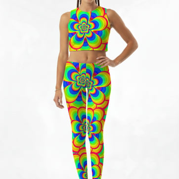 Flower Power Rave Set - front view of model wearing psychedelic rainbow crop top and leggings | Ravers Co