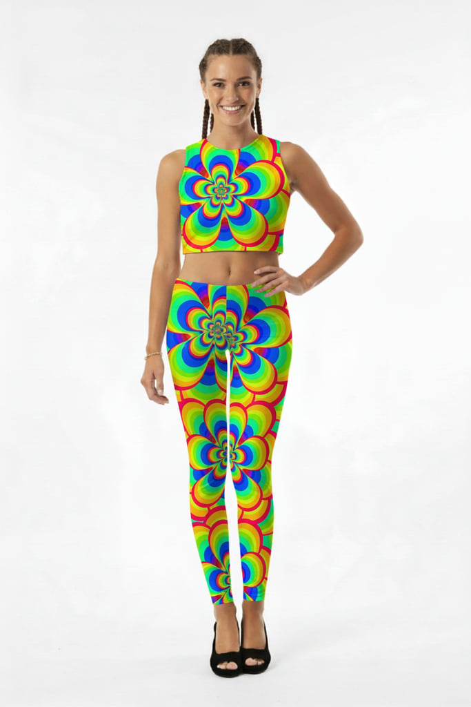 Flower Power Rave Set - front view of model wearing psychedelic rainbow crop top and leggings | Ravers Co