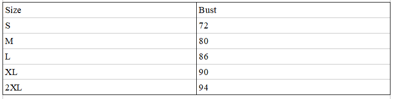 The size chart for the reflective rainbow tank top