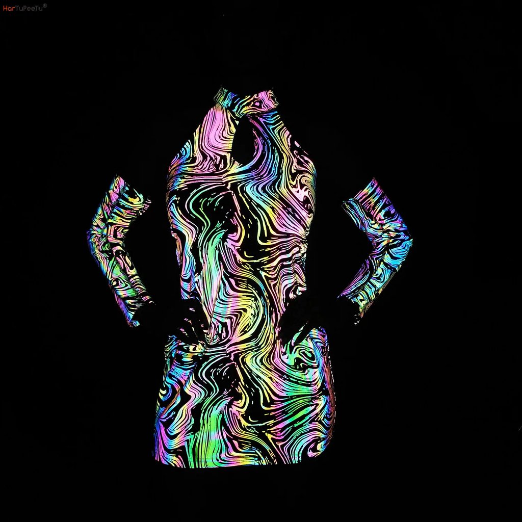 Reflective Rave Halter Dress on model, front view showing rainbow pattern | Ravers Co