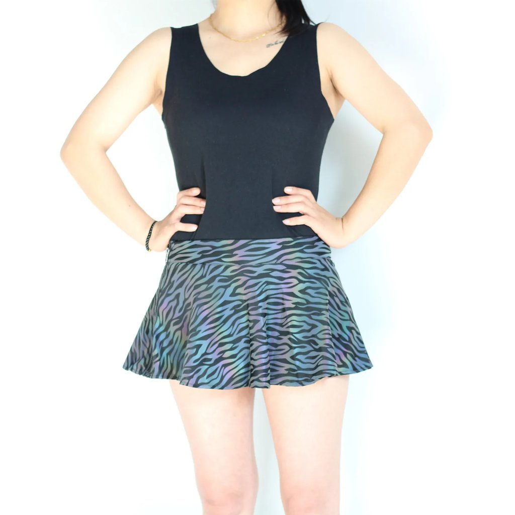 Reflective Rainbow Zebra Skirt on model, front view | Ravers Co
