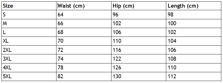Size chart for psy art trousers