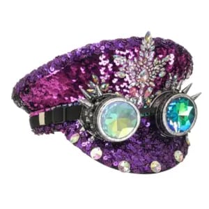 Purple Sequin Captain Hat & Crystal Diffraction Goggles set on display | Ravers Co