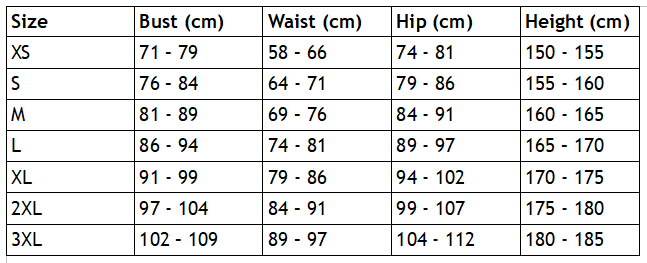 Size Chart for oracle eyes rave set