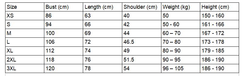 Size chart for the all seeing cat t-shirt.
