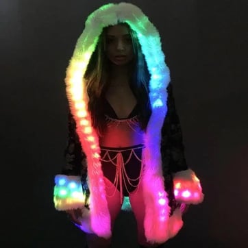 Hooded LED Sequin Fur Coat with bright lights on - front view | Ravers Co