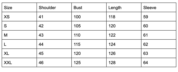 Size Chart for the WildCat Faux Fur Coat