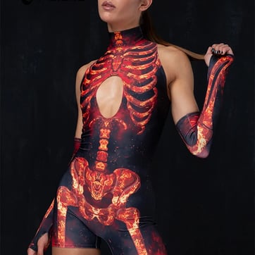Burning Skeleton Print Playsuit on model, front view | Ravers Co