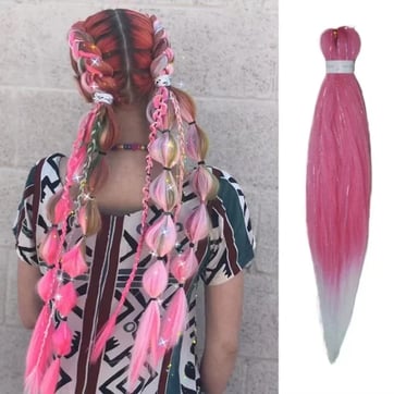 A photo of a model with bubble braid created with Pink Glitter Hair Extensions.