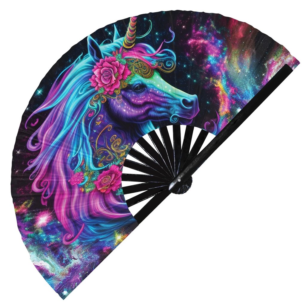 Psychedelic Unicorn Rave Fan showing vibrant print and bamboo frame - open | Ravers Co