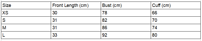 Size chart for the reflective crop top size chart.