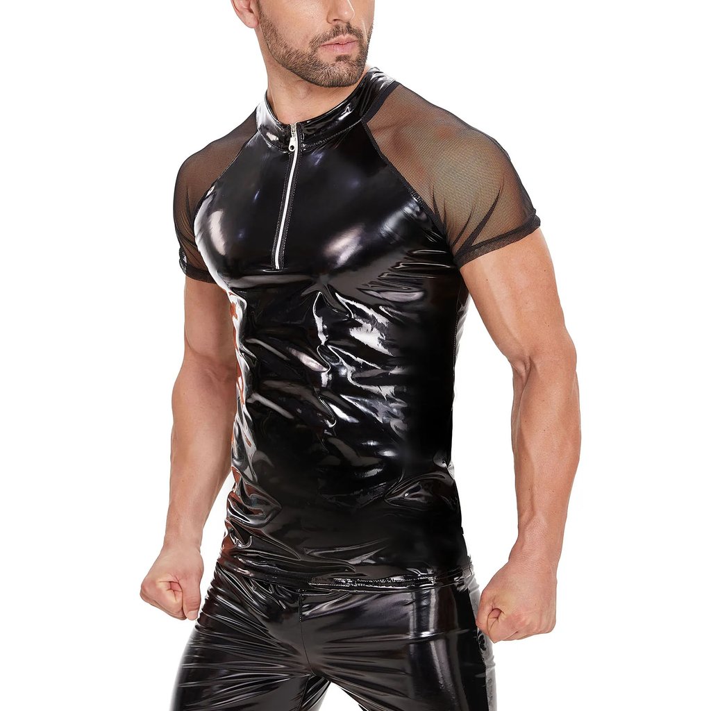 Men's Latex Look Rave Shirt with mesh sleeves on model | Ravers Co