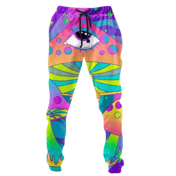 Trippy Mushroom Dancing Trousers - full view showing the lightweight broadcloth fabric and fit | Ravers Co