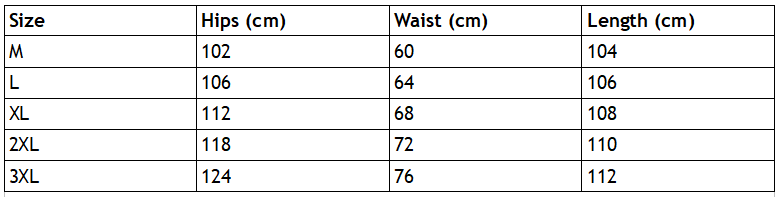 Size chart for techwear reflective cargo pants