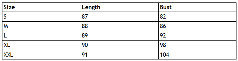 Size chart for the infrared rave dress