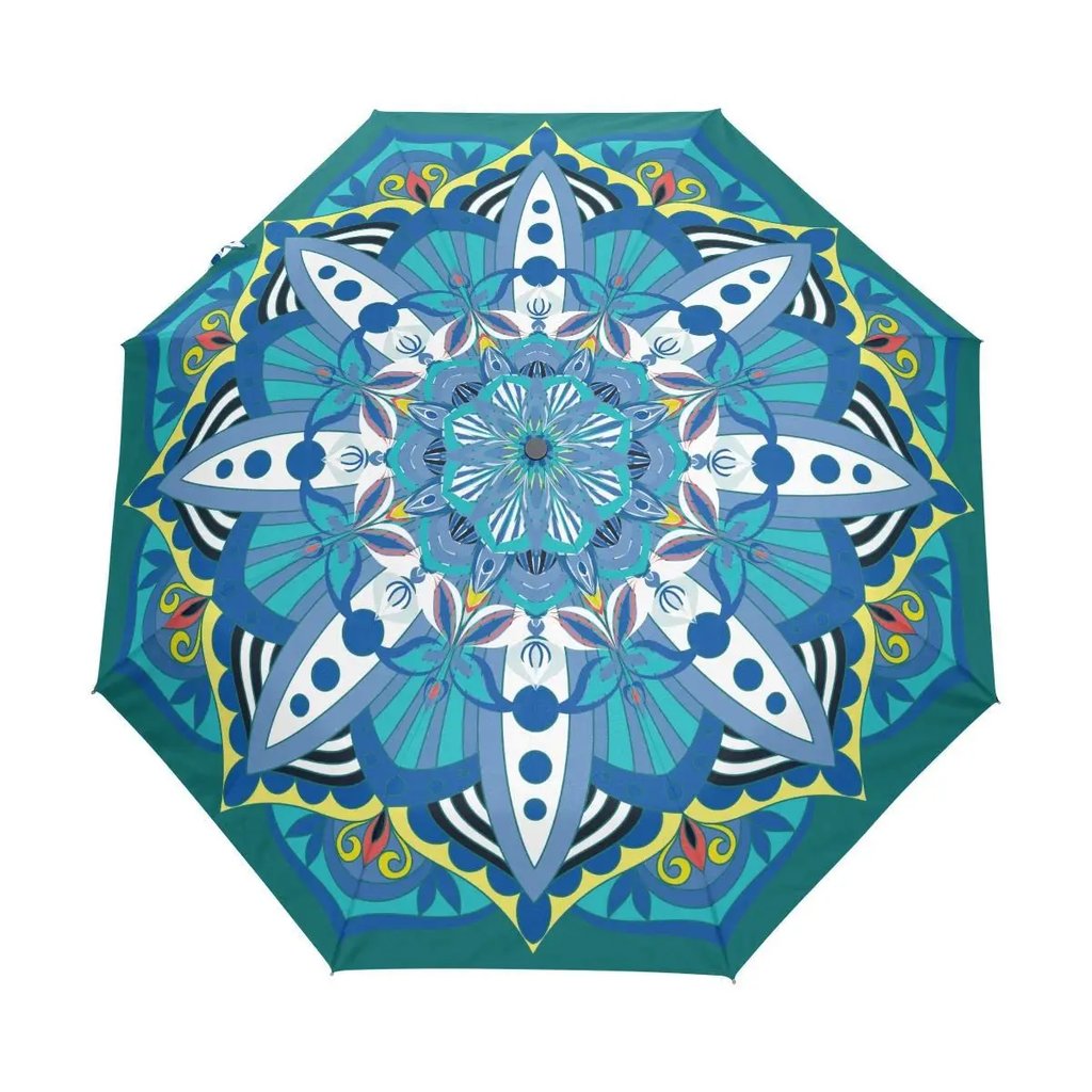 Flower Mandala Umbrella with vibrant turquoise and blue pattern | Ravers Co