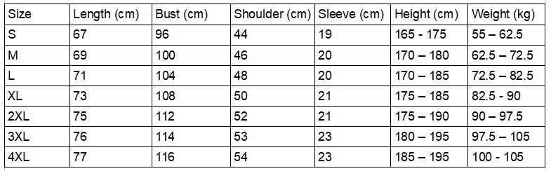 A size chart for the smiley square t-shirt.
