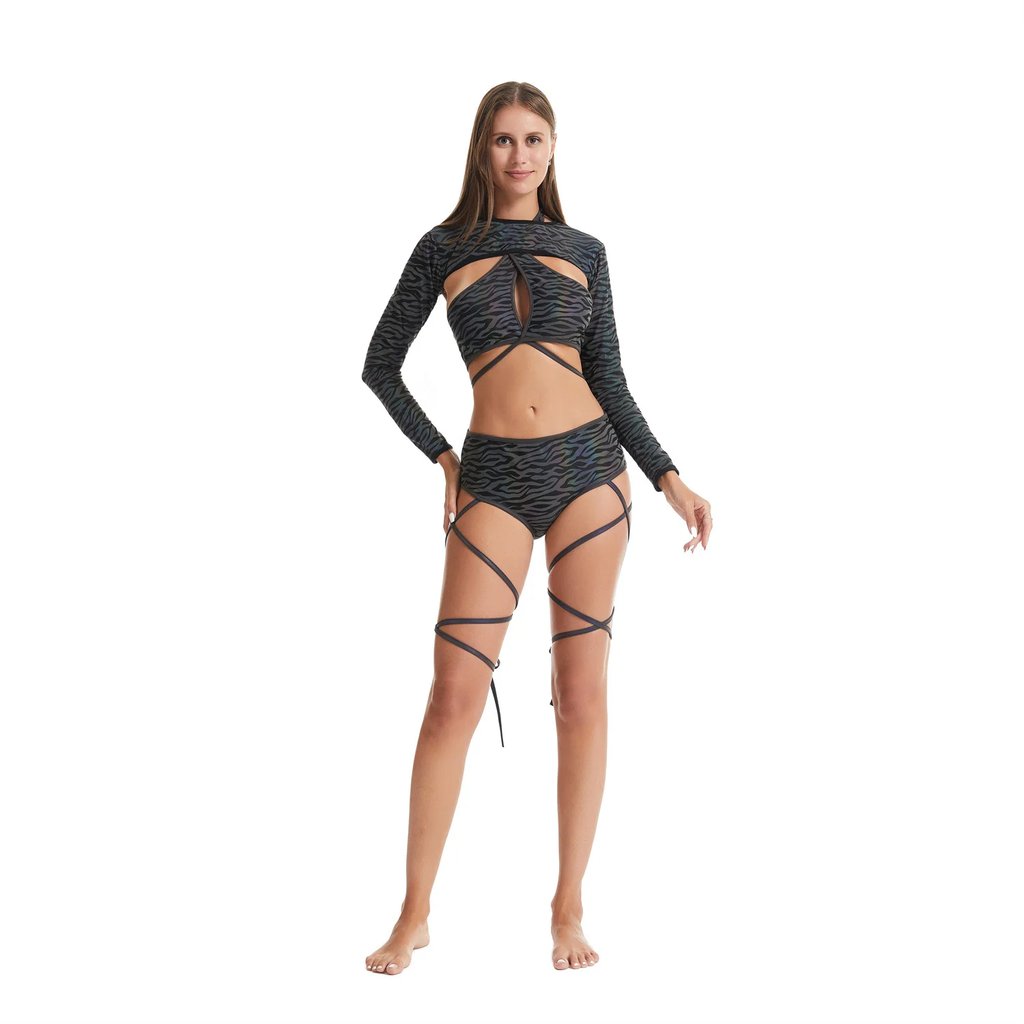 Psychedelic Zebra Rave Set - Full 3-piece outfit on model with cover-up | Ravers Co