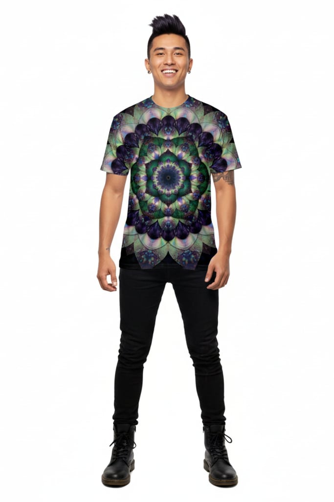 Psy Art Blossom T-Shirt - front view with trippy mandala print | Ravers Co